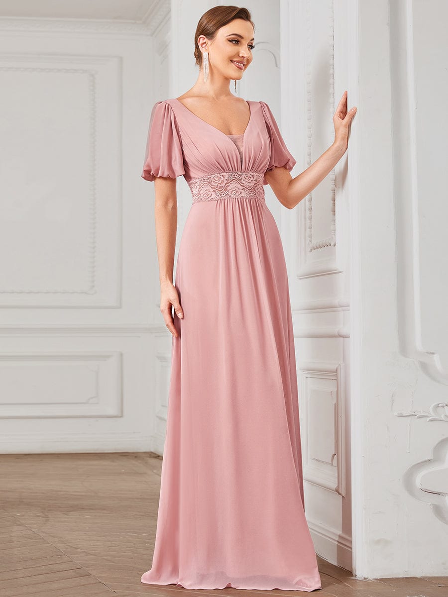 Short Sleeve Illusion V-Neck Lace A-Line Chiffon Evening Dress #Color_Dusty Rose Short Sleeve Illusion V-Neck Lace A-Line Chiffon Evening Dress