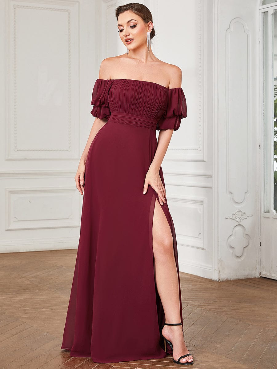 Off Shoulder Shirred High Slit Chiffon Evening Dress #color_Burgundy