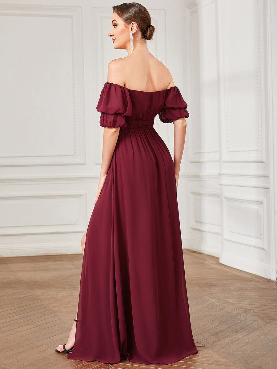 Off Shoulder Shirred High Slit Chiffon Evening Dress #color_Burgundy