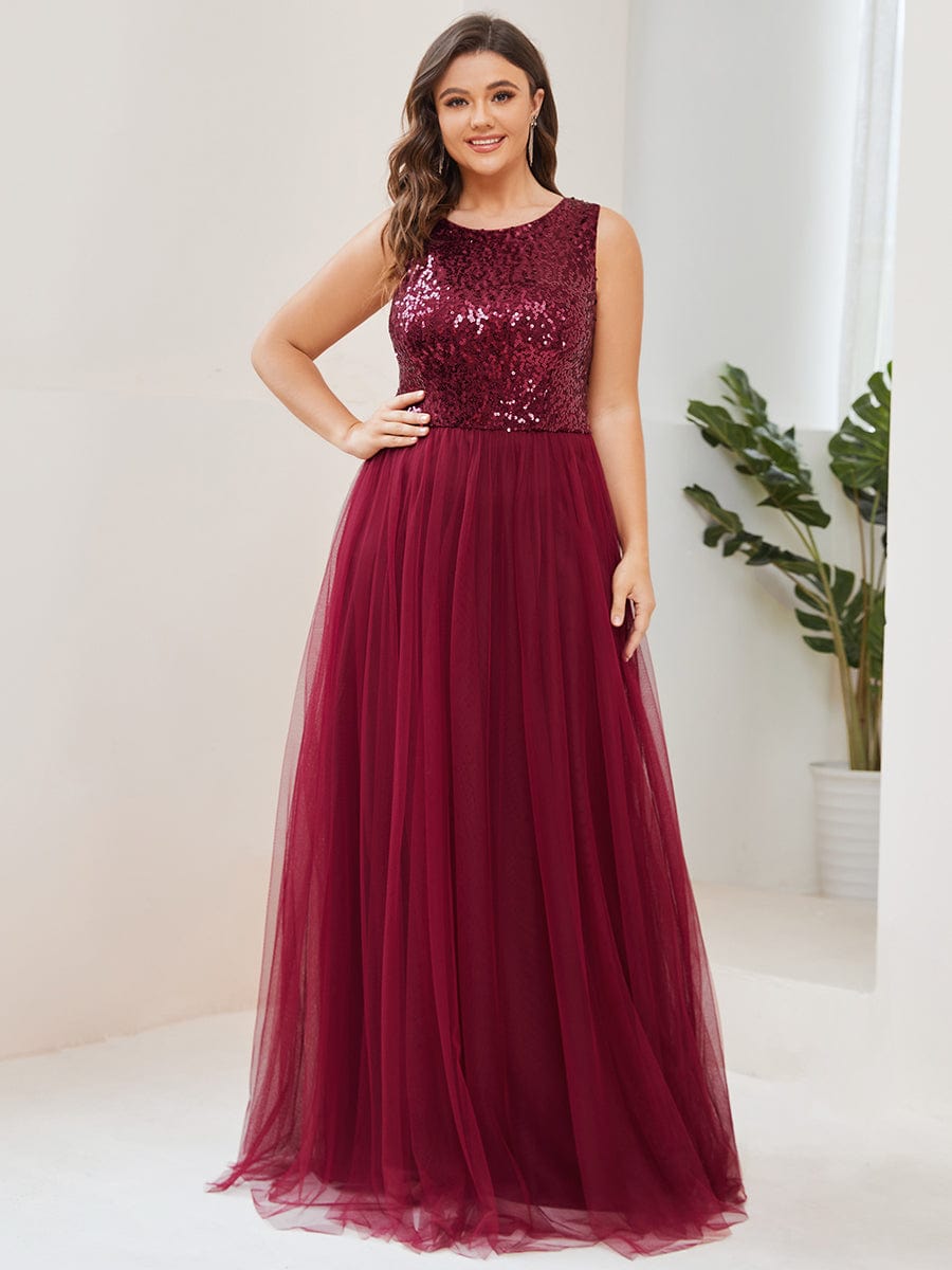 Plus Size Lace-Up Caged Back Sleeveless Tulle Evening Dress with Sequins #Color_Burgundy Plus Size Lace-Up Caged Back Sleeveless Tulle Evening Dress with Sequins