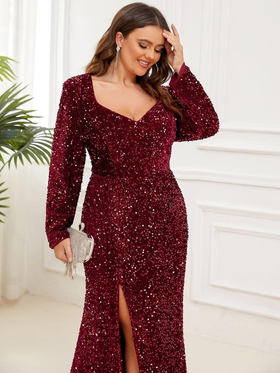 Sweetheart Long Sleeve Sequin Front Slit Bodycon Evening Dress #Color_Burgundy