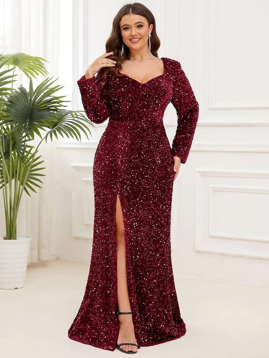 Sweetheart Long Sleeve Sequin Front Slit Bodycon Evening Dress #Color_Burgundy