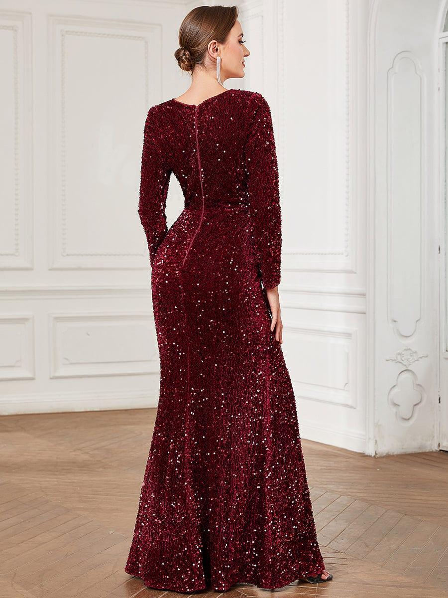 Sweetheart Long Sleeve Sequin Front Slit Bodycon Evening Dress #Color_Burgundy