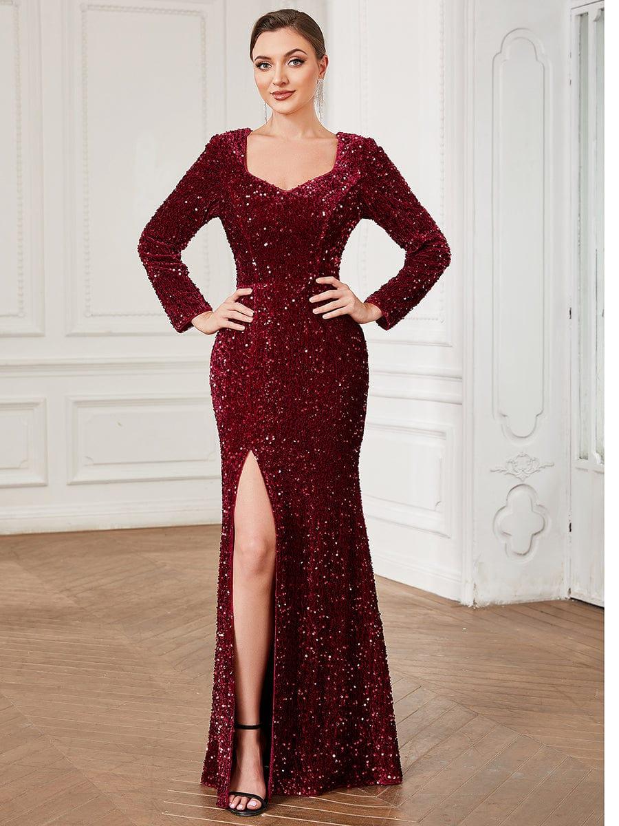Sweetheart Long Sleeve Sequin Front Slit Bodycon Evening Dress #Color_Burgundy