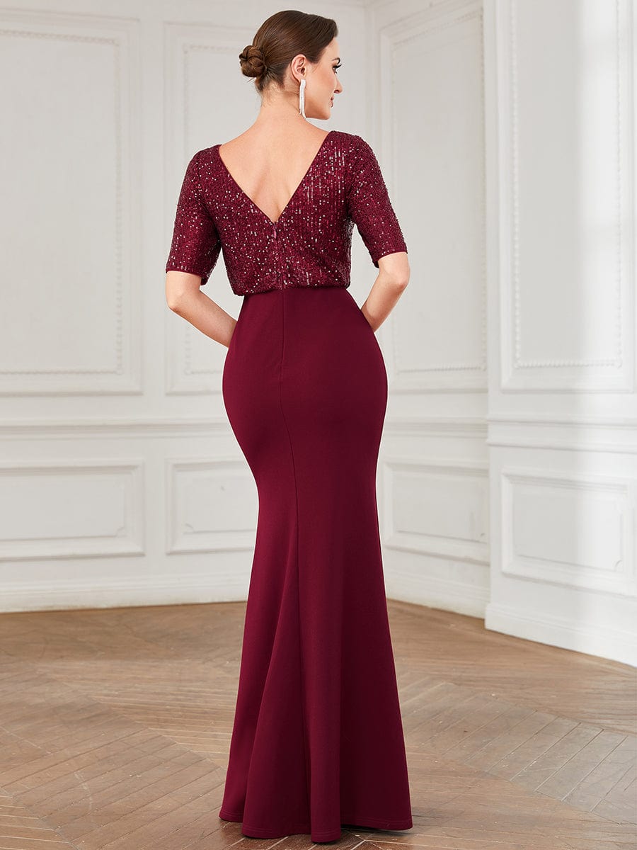 Round Neck Sequin Illusion Bodycon Evening Dress #Color_Burgundy Round Neck Sequin Illusion Bodycon Evening Dress