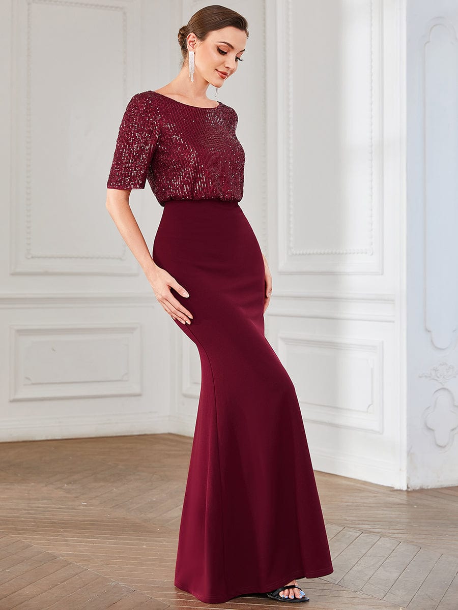 Round Neck Sequin Illusion Bodycon Evening Dress #Color_Burgundy Round Neck Sequin Illusion Bodycon Evening Dress