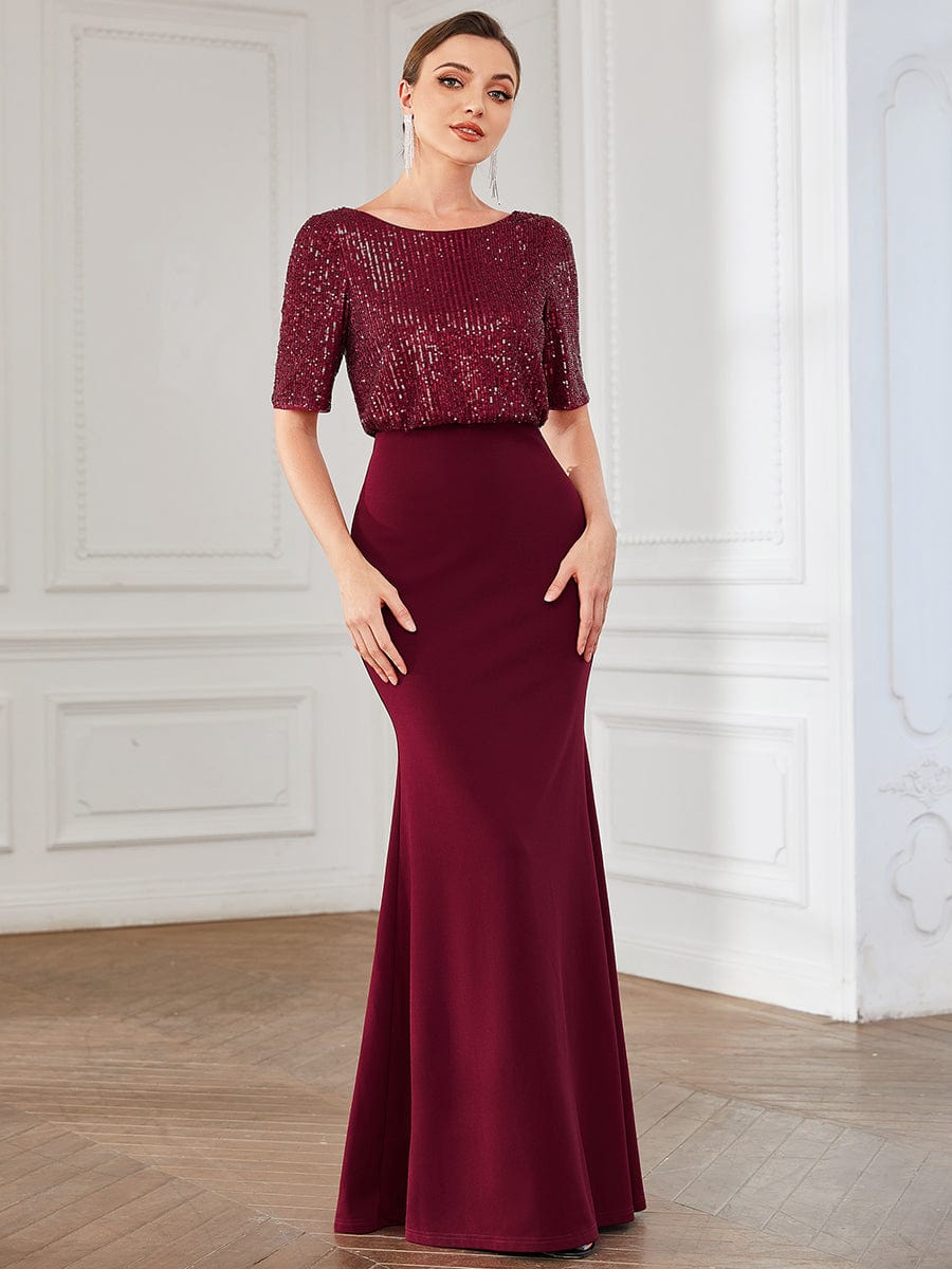 Round Neck Sequin Illusion Bodycon Evening Dress #Color_Burgundy Round Neck Sequin Illusion Bodycon Evening Dress