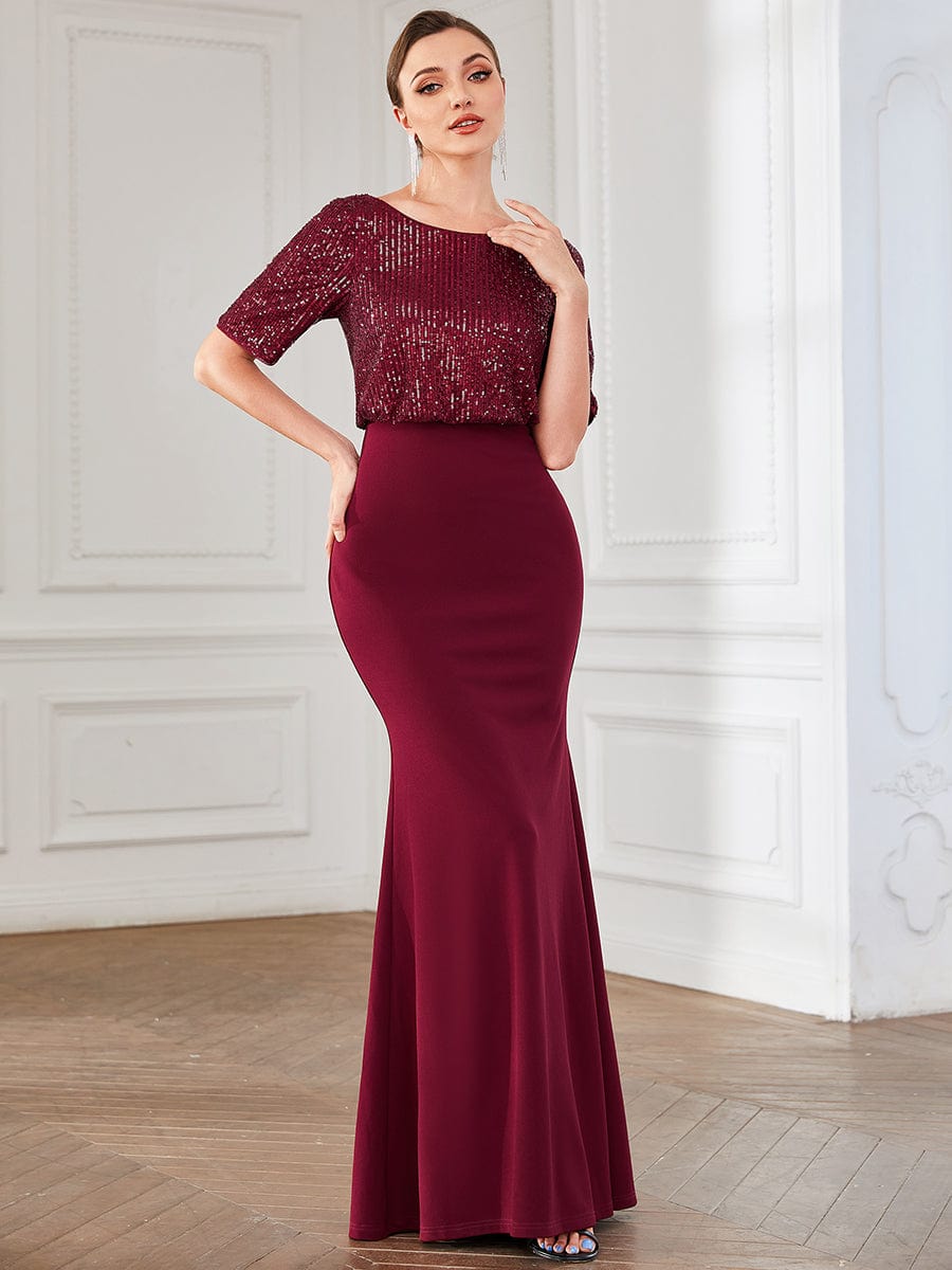 Round Neck Sequin Illusion Bodycon Evening Dress #Color_Burgundy Round Neck Sequin Illusion Bodycon Evening Dress