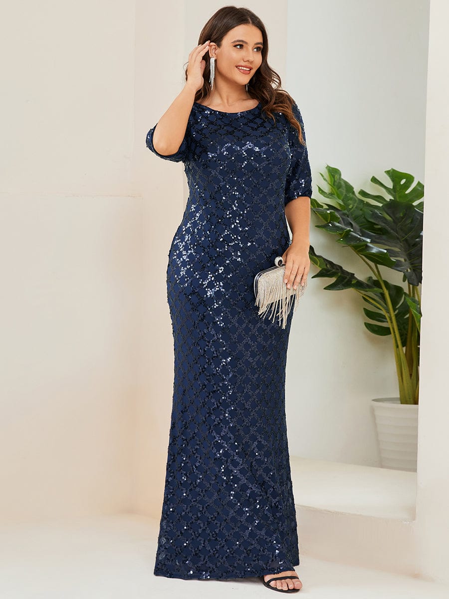 Plus Size Sequin Bodycon 3/4 Sleeve Evening Dress #Color_Navy Blue Plus Size Sequin Bodycon 3/4 Sleeve Evening Dress