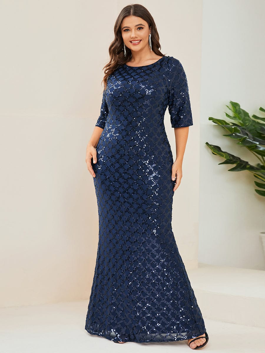 Plus Size Sequin Bodycon 3/4 Sleeve Evening Dress #Color_Navy Blue Plus Size Sequin Bodycon 3/4 Sleeve Evening Dress