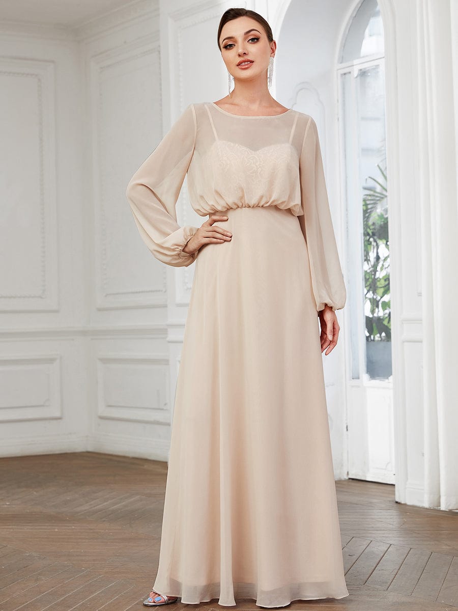 Sheer Peasant Long Sleeve Overlay Illusion Chiffon Evening Dress #Color_Blush Sheer Peasant Long Sleeve Overlay Illusion Chiffon Evening Dress