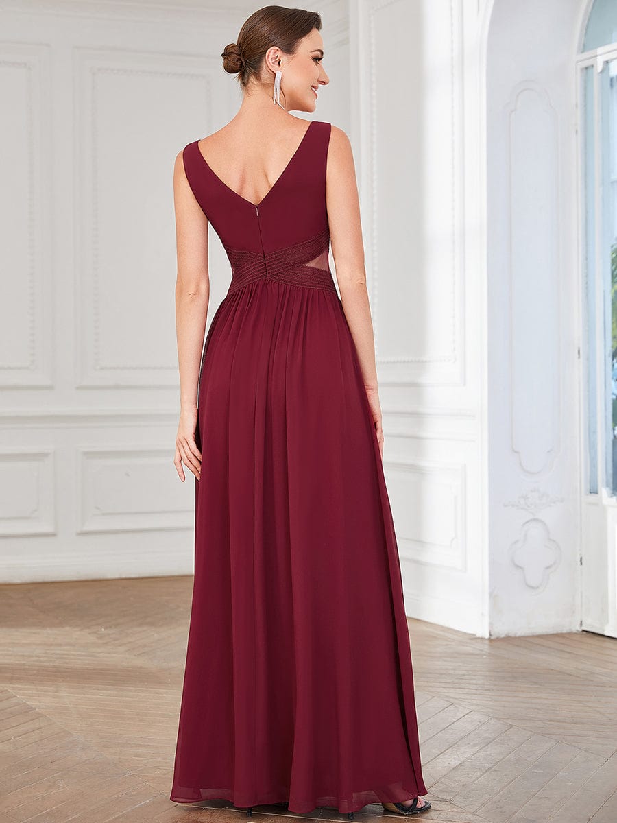 Pleated Chiffon Sleeveless Cut-Out A-Line Evening Dress #color_Burgundy Pleated Chiffon Sleeveless Cut-Out A-Line Evening Dress