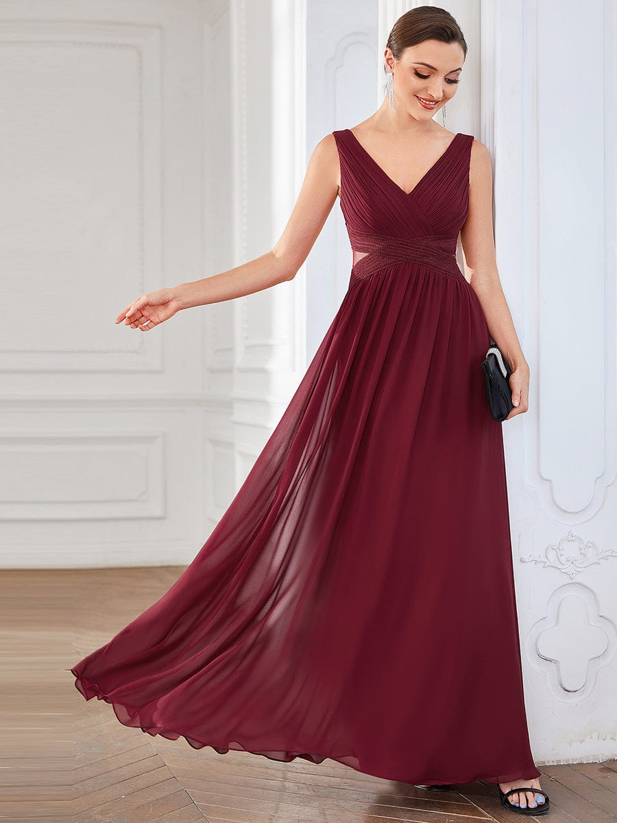 Pleated Chiffon Sleeveless Cut-Out A-Line Evening Dress #color_Burgundy Pleated Chiffon Sleeveless Cut-Out A-Line Evening Dress