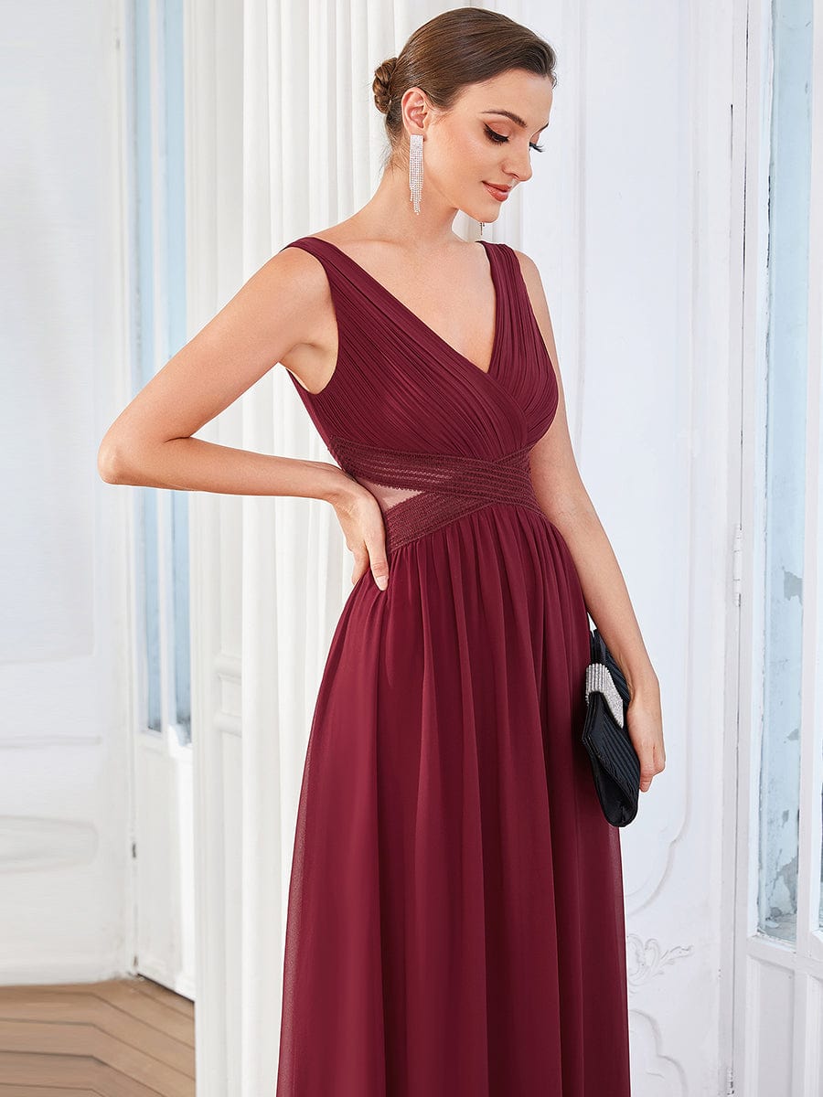 Pleated Chiffon Sleeveless Cut-Out A-Line Evening Dress #color_Burgundy Pleated Chiffon Sleeveless Cut-Out A-Line Evening Dress