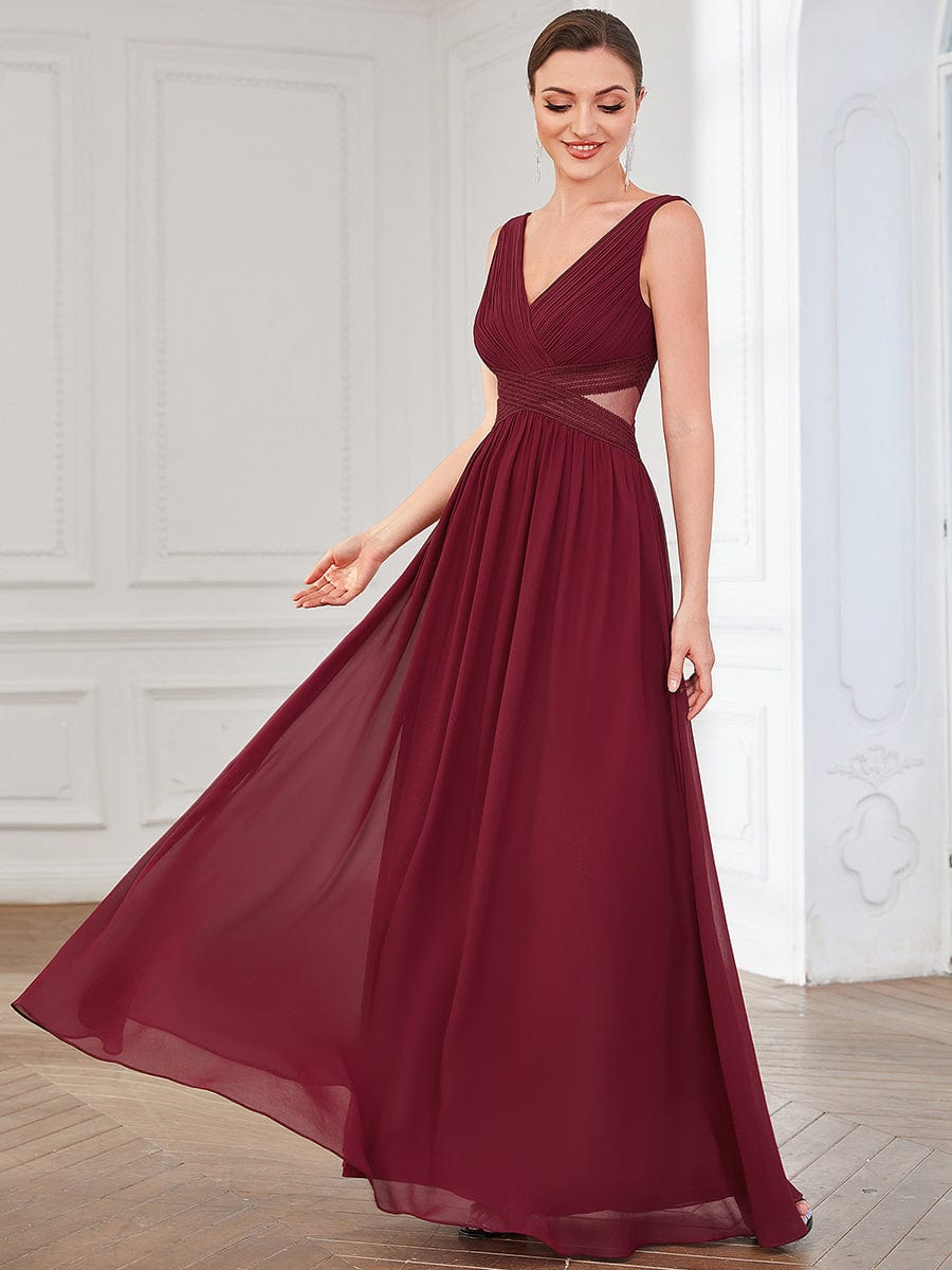 Pleated Chiffon Sleeveless Cut-Out A-Line Evening Dress #color_Burgundy Pleated Chiffon Sleeveless Cut-Out A-Line Evening Dress
