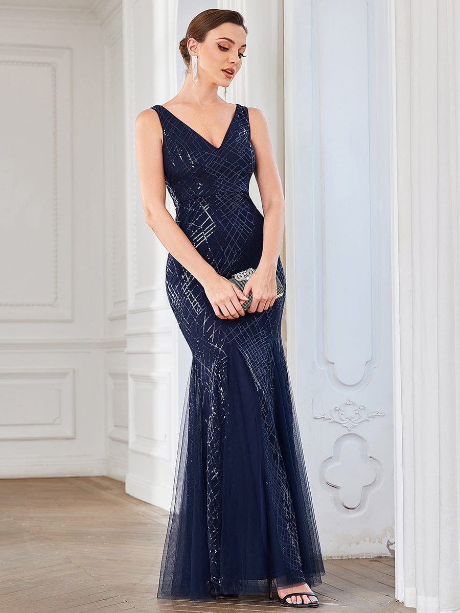 Sleeveless Lace-Up Caged Bodycon Evening Dress #Color_Navy Blue Sleeveless Lace-Up Caged Bodycon Evening Dress