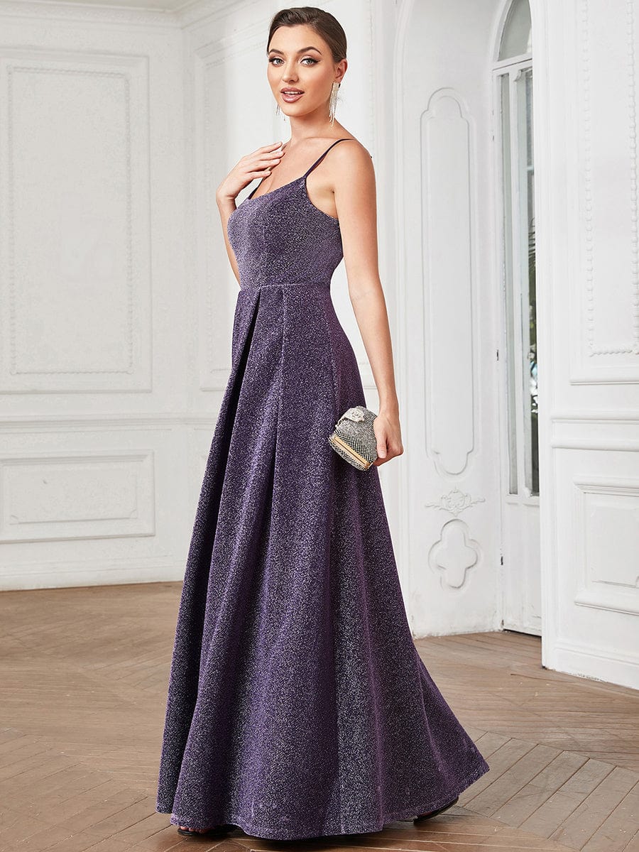 Spaghetti Strap Backless Pleated A-Line Evening Dress #color_Dark Purple Spaghetti Strap Backless Pleated A-Line Evening Dress