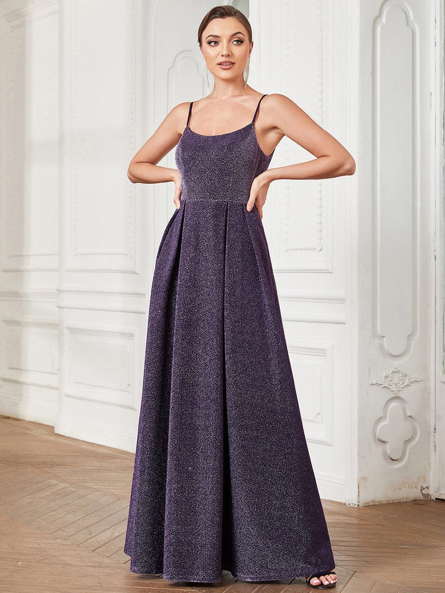 Spaghetti Strap Backless Pleated A-Line Evening Dress #color_Dark Purple Spaghetti Strap Backless Pleated A-Line Evening Dress