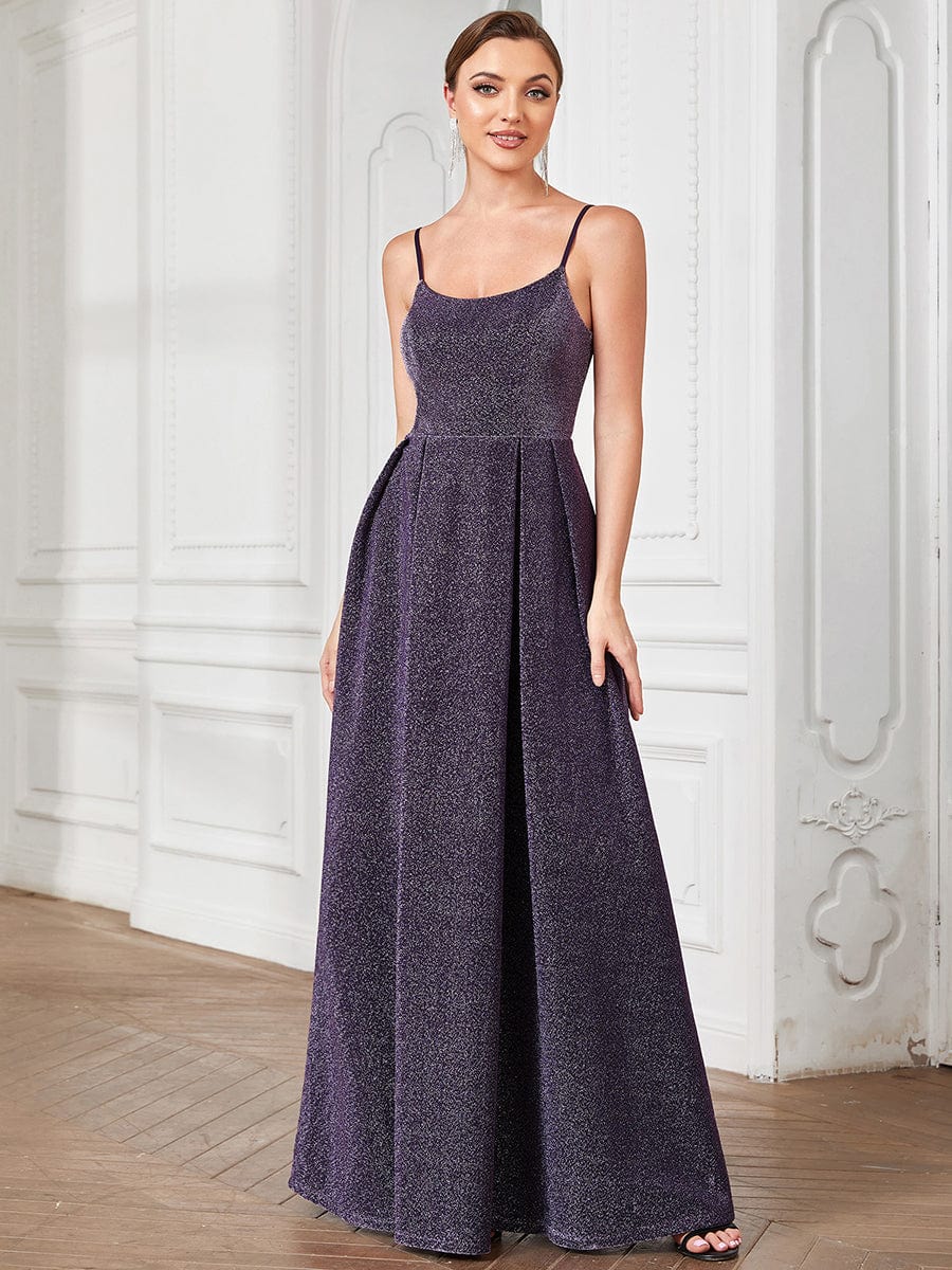 Spaghetti Strap Backless Pleated A-Line Evening Dress #color_Dark Purple Spaghetti Strap Backless Pleated A-Line Evening Dress