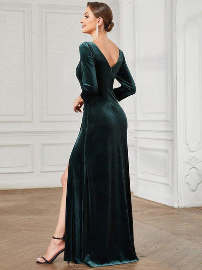 Velvet Plunging V-Neck Front Slit 3/4 Sleeve A-Line Evening Dress #Color_Dark Green