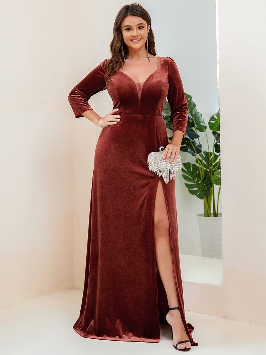 Plus Size Velvet Plunging V-Neck 3/4 Sleeve A-Line Evening Dress with Slit #Color_Brick Red