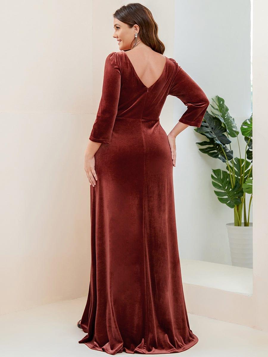 Plus Size Velvet Plunging V-Neck 3/4 Sleeve A-Line Evening Dress with Slit #Color_Brick Red