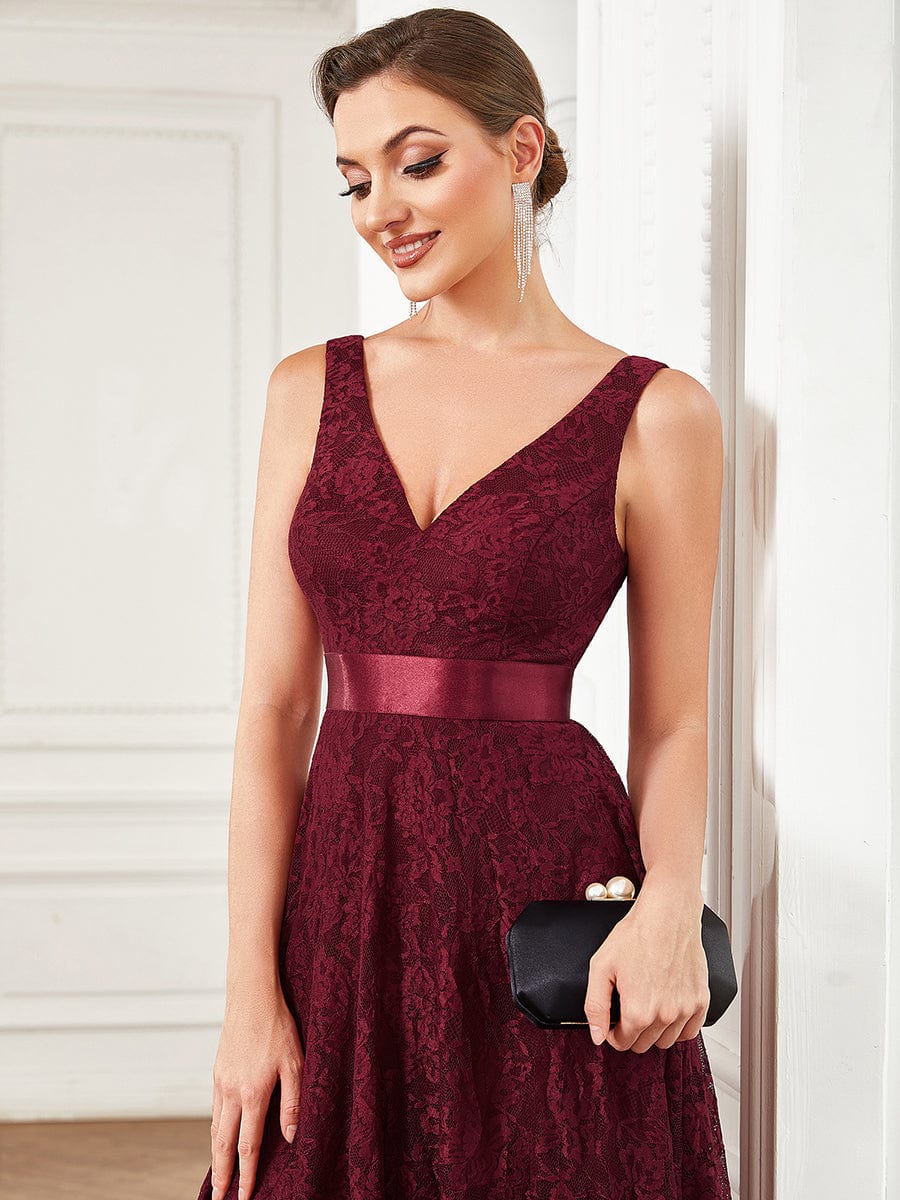 Ribbon Waist Sleeveless Lace Asymmetrical Hem Evening Dress #Color_Burgundy Ribbon Waist Sleeveless Lace Asymmetrical Hem Evening Dress
