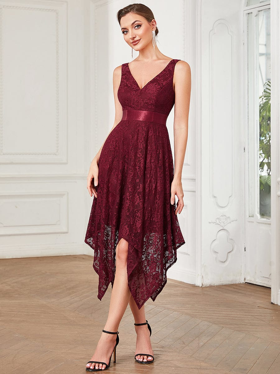 Ribbon Waist Sleeveless Lace Asymmetrical Hem Evening Dress #Color_Burgundy Ribbon Waist Sleeveless Lace Asymmetrical Hem Evening Dress