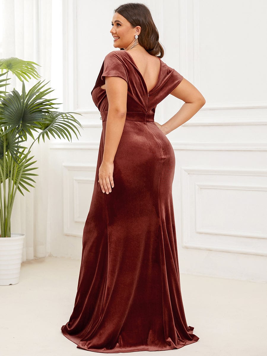 Plus Size Velvet Pleated V-Neck Cap Sleeve Column Floor-Length Evening Dress #Color_Brick Red