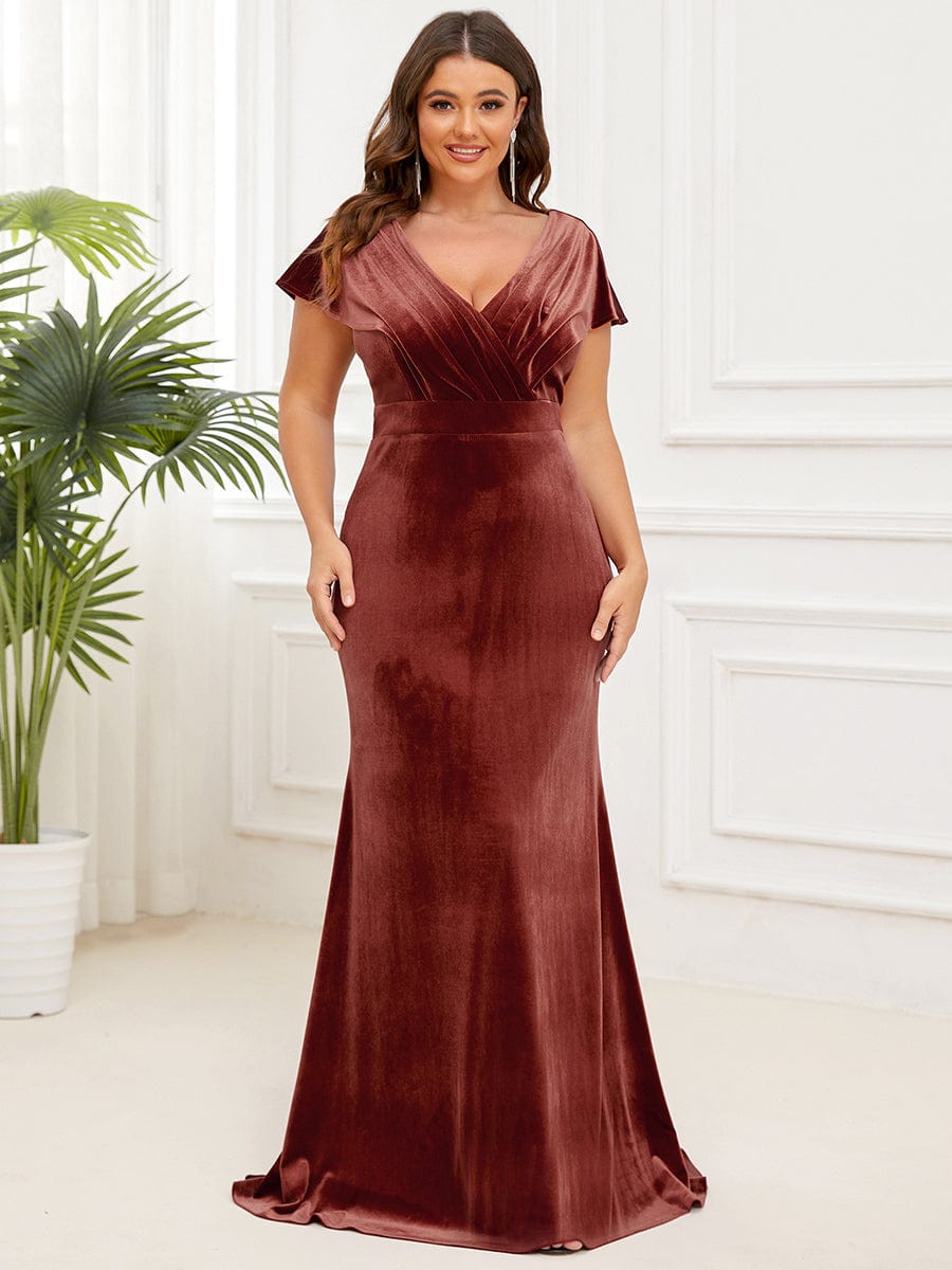 Plus Size Velvet Pleated V-Neck Cap Sleeve Column Floor-Length Evening Dress #Color_Brick Red