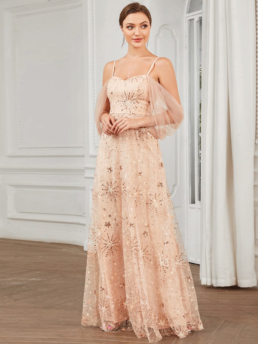 Draped Cold Shoulder Sequin Tulle A-Line Evening Dress #Color_Rose Gold Draped Cold Shoulder Sequin Tulle A-Line Evening Dress
