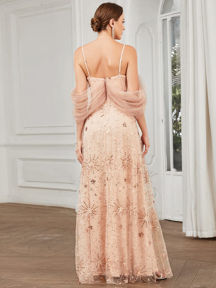 Draped Cold Shoulder Sequin Tulle A-Line Evening Dress #Color_Rose Gold Draped Cold Shoulder Sequin Tulle A-Line Evening Dress
