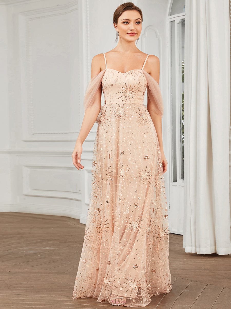 Draped Cold Shoulder Sequin Tulle A-Line Evening Dress #Color_Rose Gold Draped Cold Shoulder Sequin Tulle A-Line Evening Dress