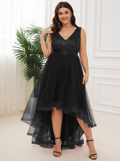 Plus Size Sequin V-Neck Sleeveless High Low Evening Dress #color_Black