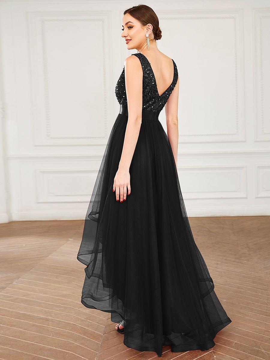 Sequin V-Neck Sleeveless High Low Evening Dress #color_Black