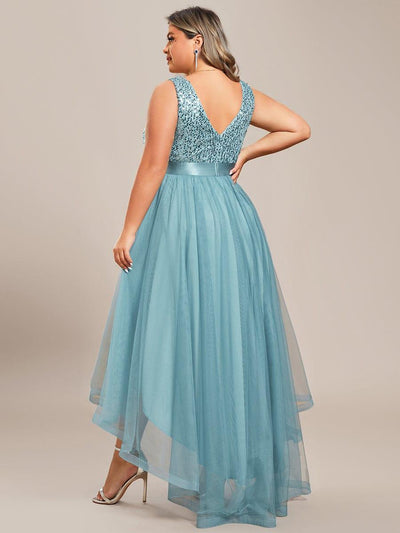 Plus Size Sequin V-Neck Sleeveless High Low Evening Dress #color_Light Teal