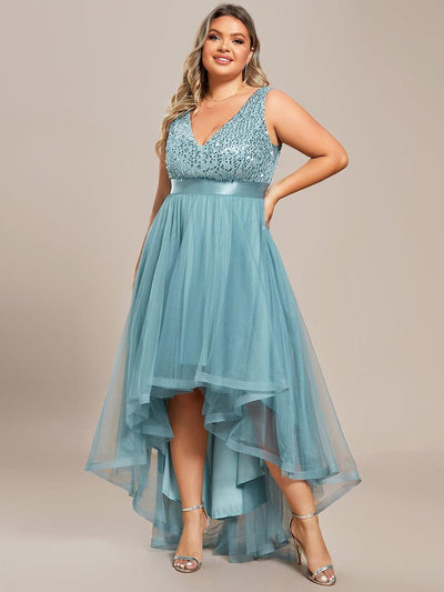 Plus Size Sequin V-Neck Sleeveless High Low Evening Dress #color_Light Teal