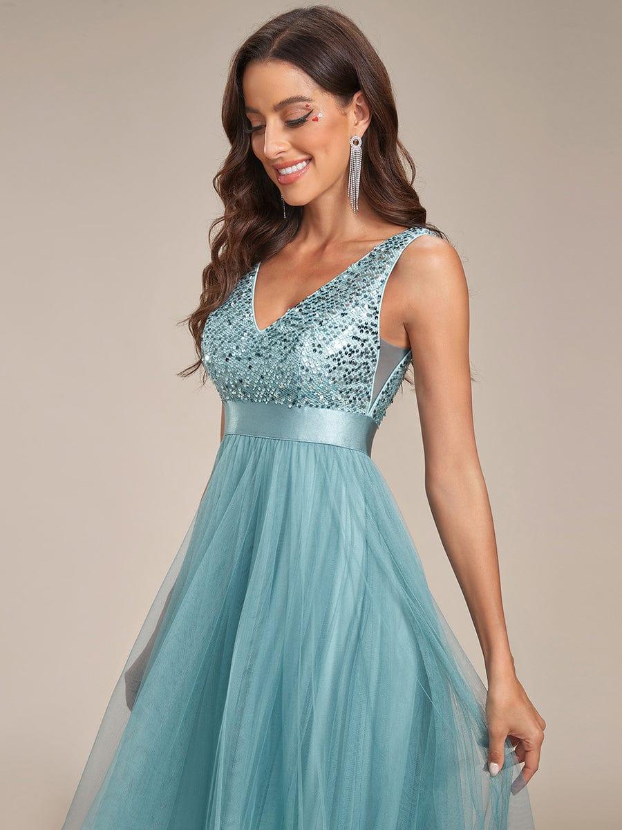 Sequin V-Neck Sleeveless High Low Evening Dress #color_Light Teal