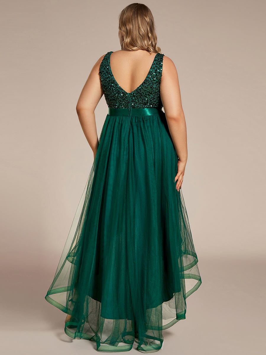 Plus Size Sequin V-Neck Sleeveless High Low Evening Dress #color_Dark Green