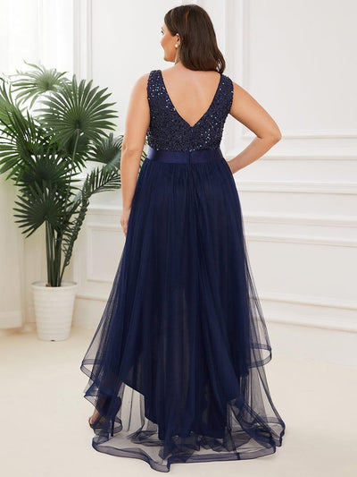 Plus Size Sequin V-Neck Sleeveless High Low Evening Dress #color_Navy Blue