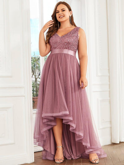 Plus Size Sequin V-Neck Sleeveless High Low Evening Dress #color_Purple Orchid