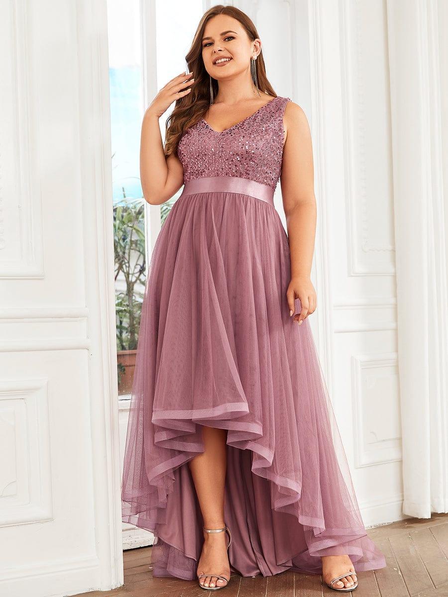 Plus Size Sequin V-Neck Sleeveless High Low Evening Dress #color_Purple Orchid