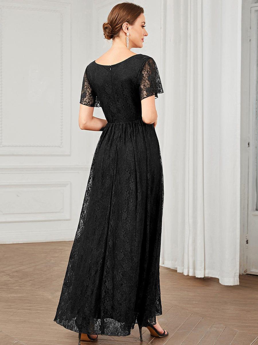 V-Neck Short Sleeve Pleated Ruffled Lace Evening Dress #color_Black