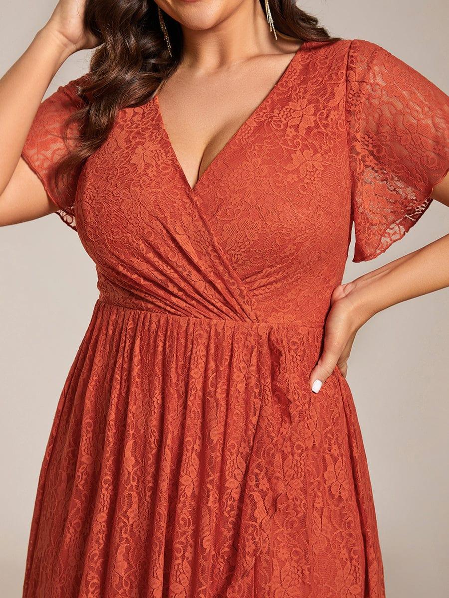 Plus size V-Neck Short Sleeve Pleated Ruffled Lace Evening Dress #Color_Burnt Orange