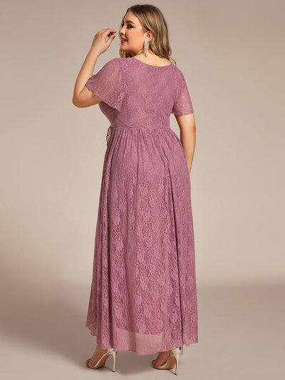 Plus size V-Neck Short Sleeve Pleated Ruffled Lace Evening Dress #Color_Purple Orchid
