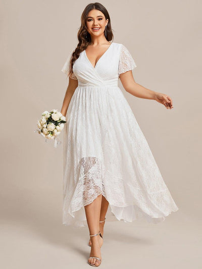 Plus size V-Neck Short Sleeve Pleated Ruffled Lace Evening Dress #Color_White