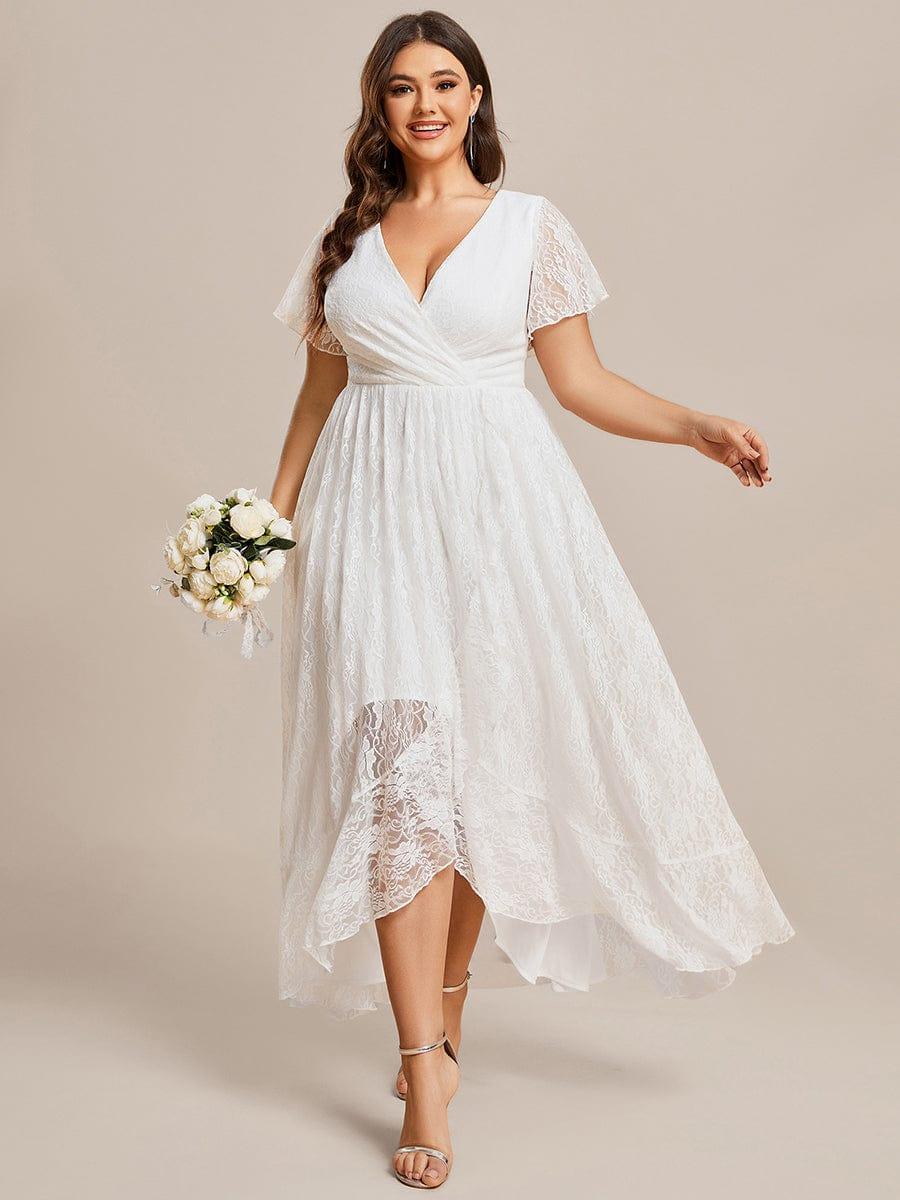 Plus size V-Neck Short Sleeve Pleated Ruffled Lace Evening Dress #Color_White