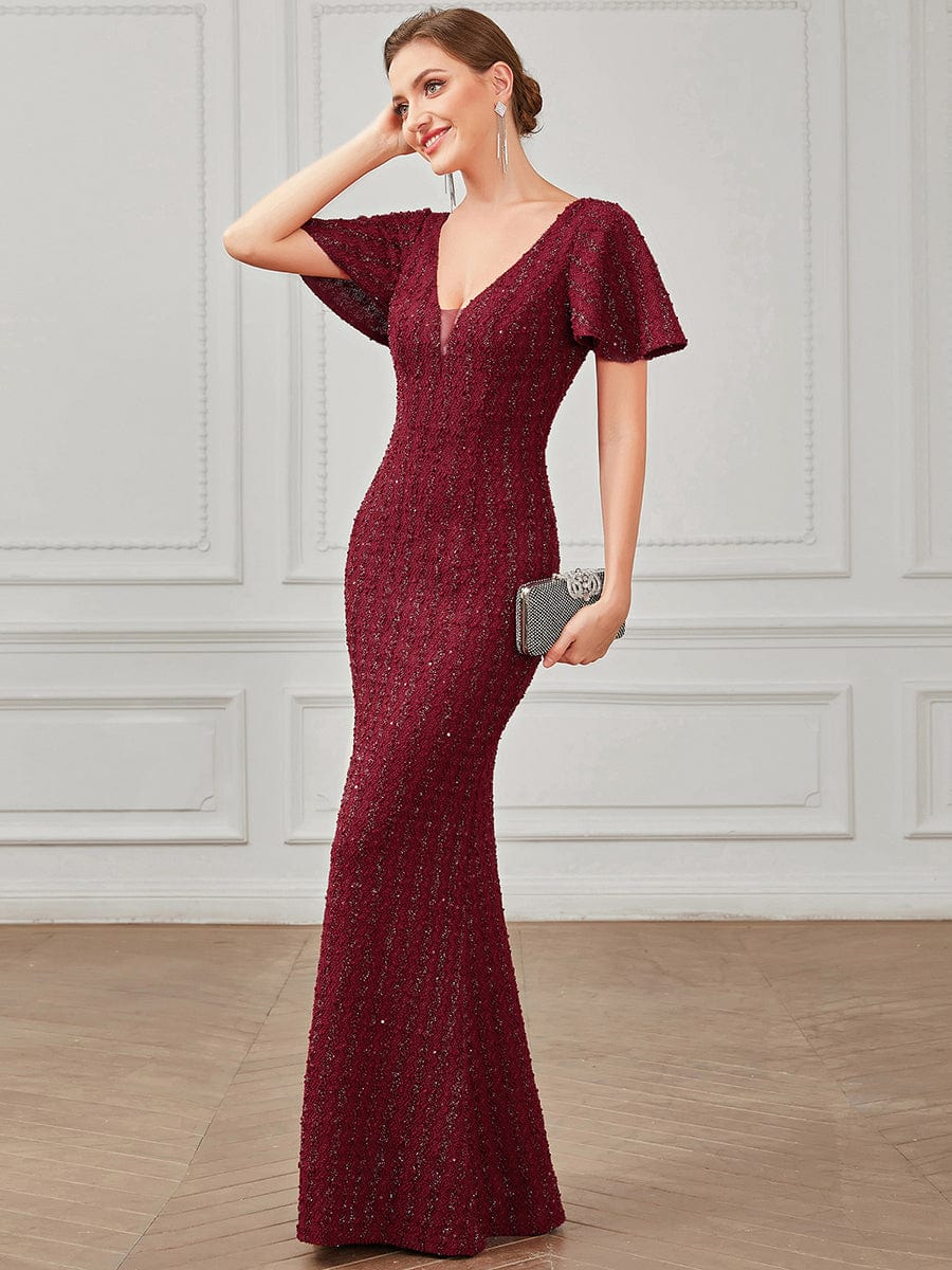 Striped Sequin Short Sleeve Floor-Length Bodycon Evening Dress #Color_Burgundy Striped Sequin Short Sleeve Floor-Length Bodycon Evening Dress