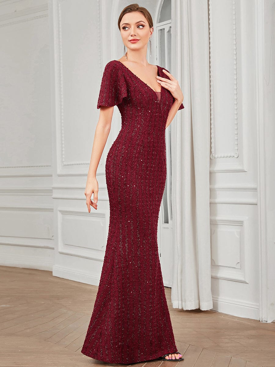 Striped Sequin Short Sleeve Floor-Length Bodycon Evening Dress #Color_Burgundy Striped Sequin Short Sleeve Floor-Length Bodycon Evening Dress