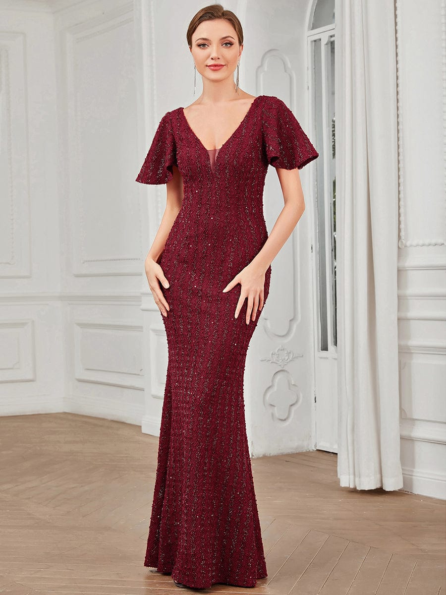 Striped Sequin Short Sleeve Floor-Length Bodycon Evening Dress #Color_Burgundy Striped Sequin Short Sleeve Floor-Length Bodycon Evening Dress
